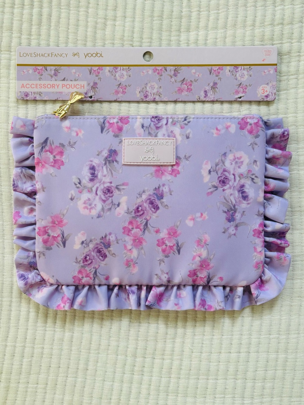 LoveShackFancy x Yoobi Target Blooming Heirloom Lavender Floral Ruffle Pouch NWT